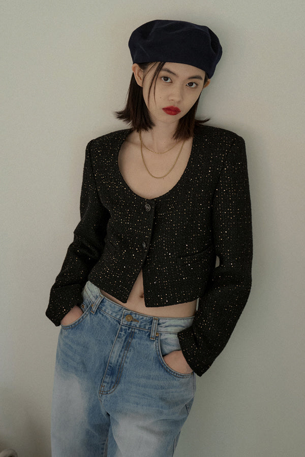 Overdueflair Tweed U Neck Crop Jacket Black