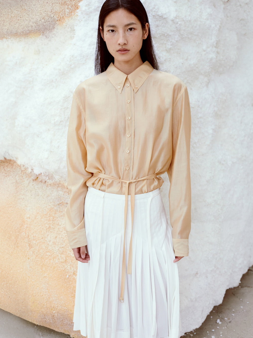 [Low Classic] See-Through Shirred Back Blouse_Yellow