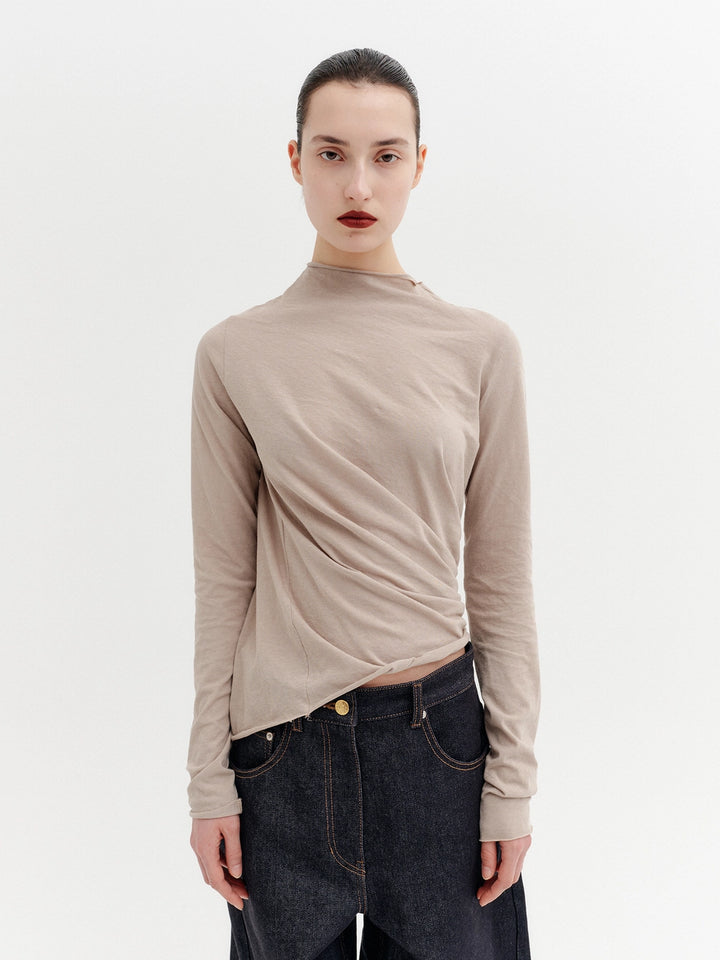 EENK Asymmetrical Twist Long-Sleeve T-shirt - Beige