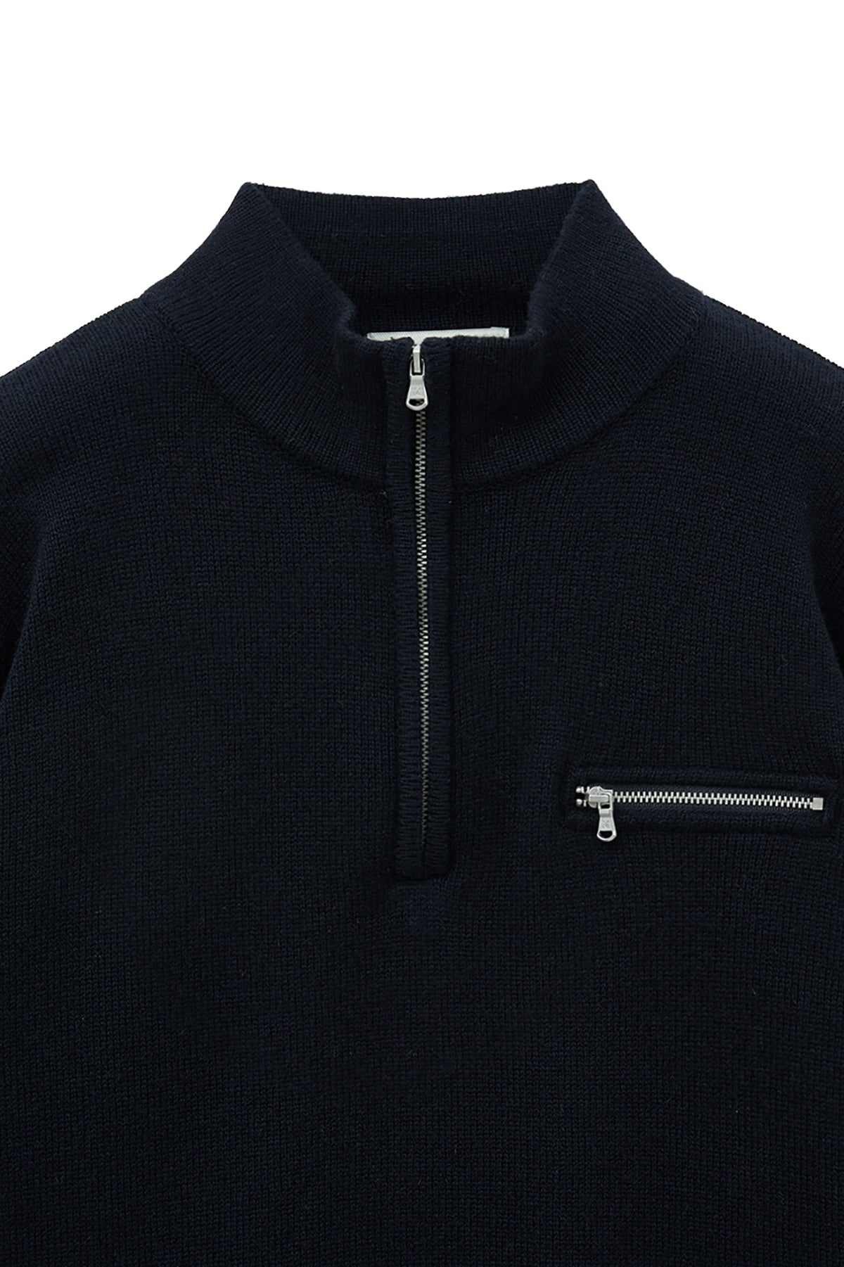 [matinkim] BACK LOGO HALF KNIT ZIP UP PULLOVER FOR WOMEN IN NAVY
