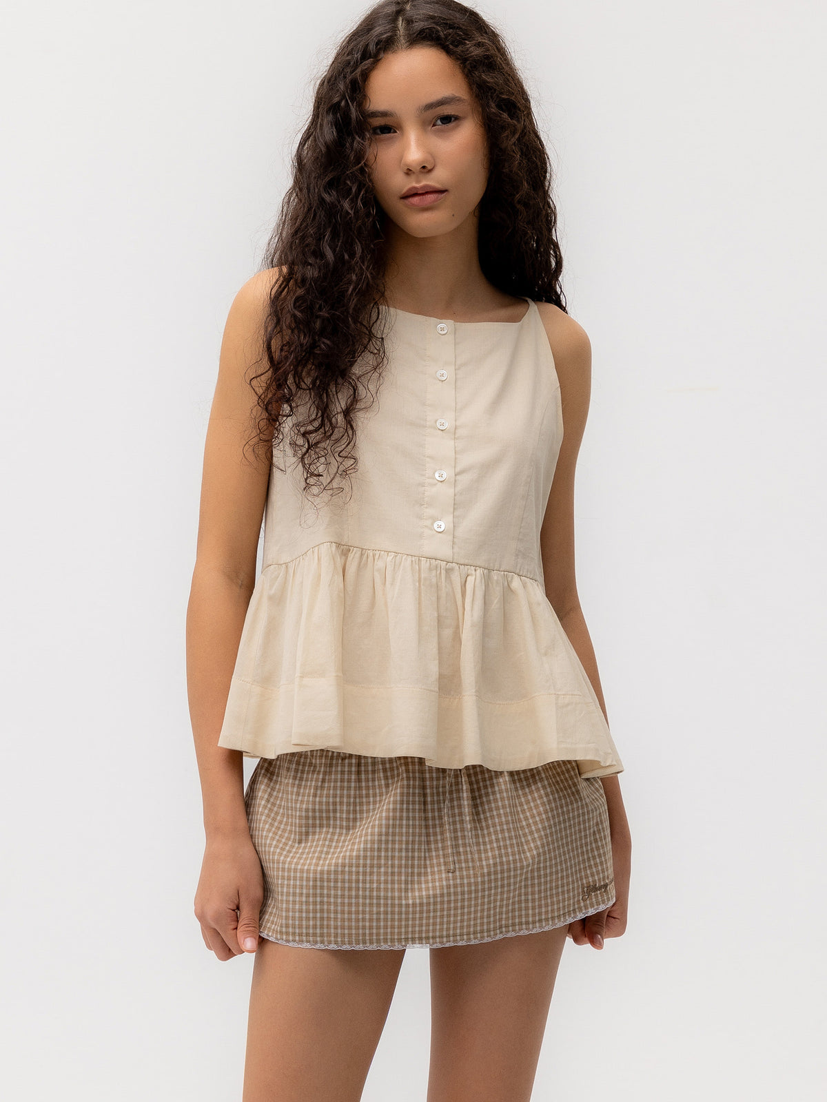 GLOWNY G Ruffled Button Blouse (Beige)