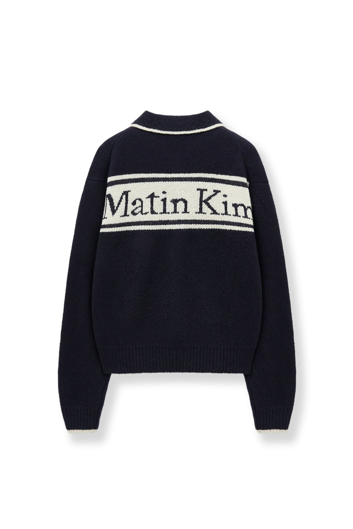 [matinkim] BACK LOGO COLLAR KNIT TOP FOR WOMEN IN DARK NAVY