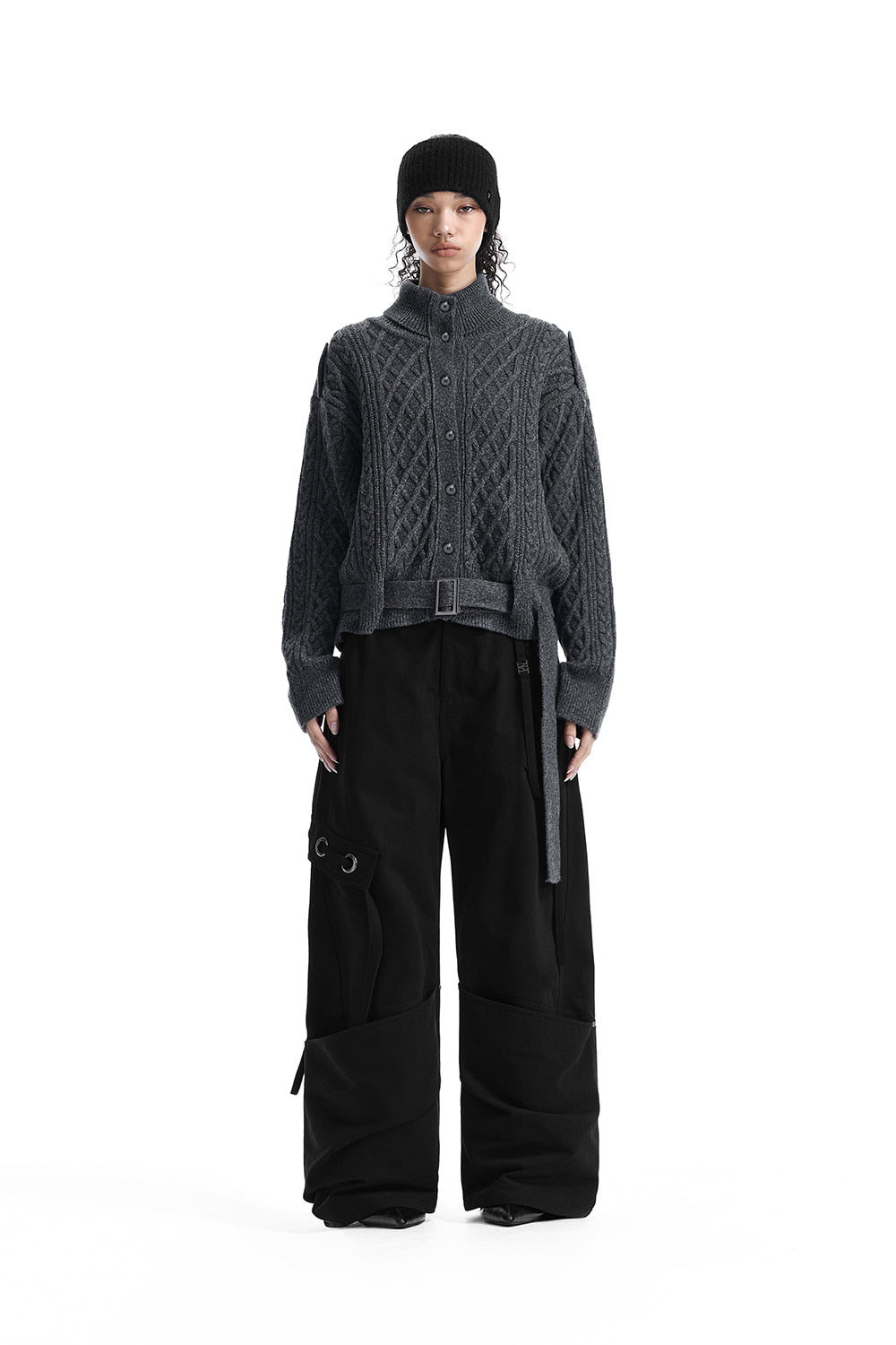 Treemingbird Belted Button Fisherman Knit Jacket Charcoal