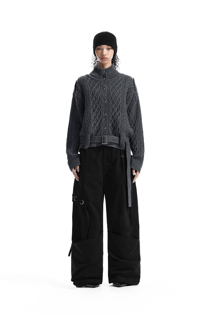 Treemingbird Belted Button Fisherman Knit Jacket Charcoal