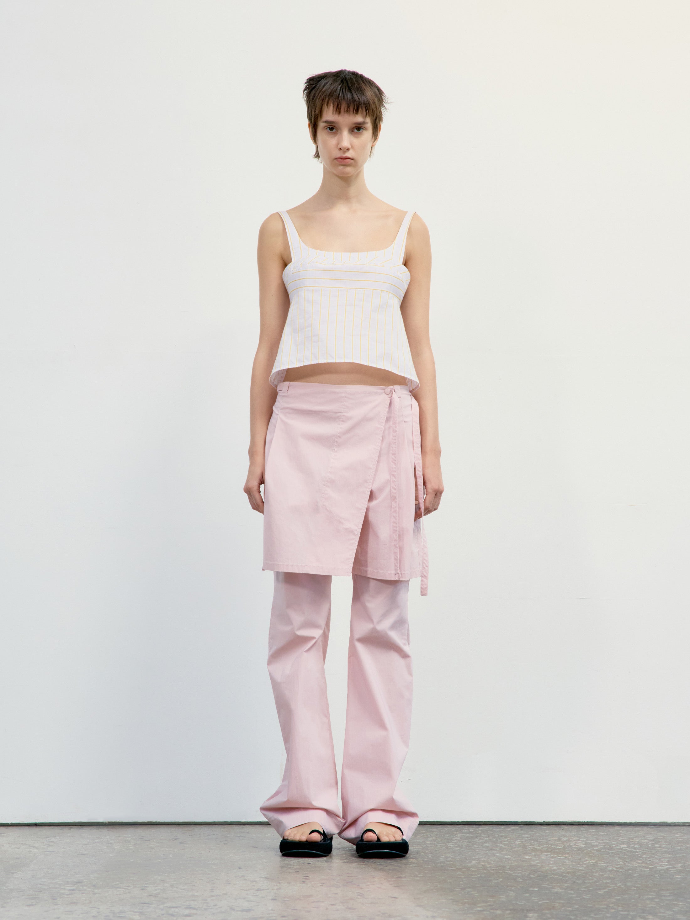 Low Classic Layered Wrap Skirt Pants in Light Pink, showcasing modern Korean designer fashion.