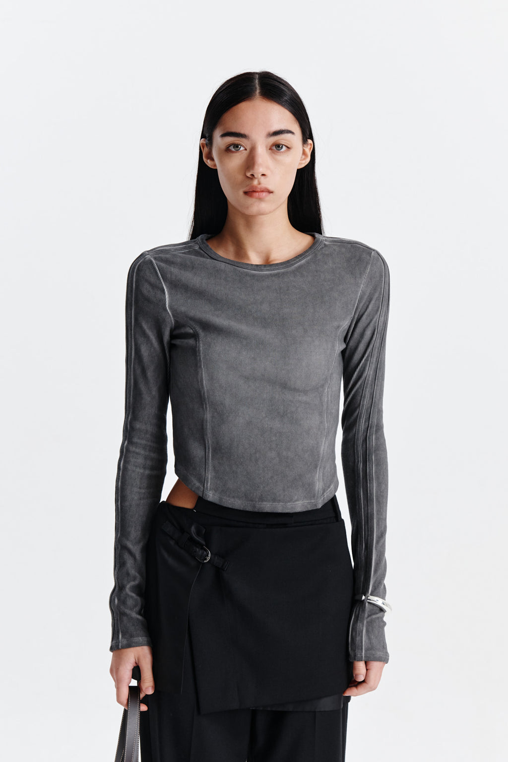 [matinkim] SLEEVE BINDING WASHED TOP IN CHARCOAL