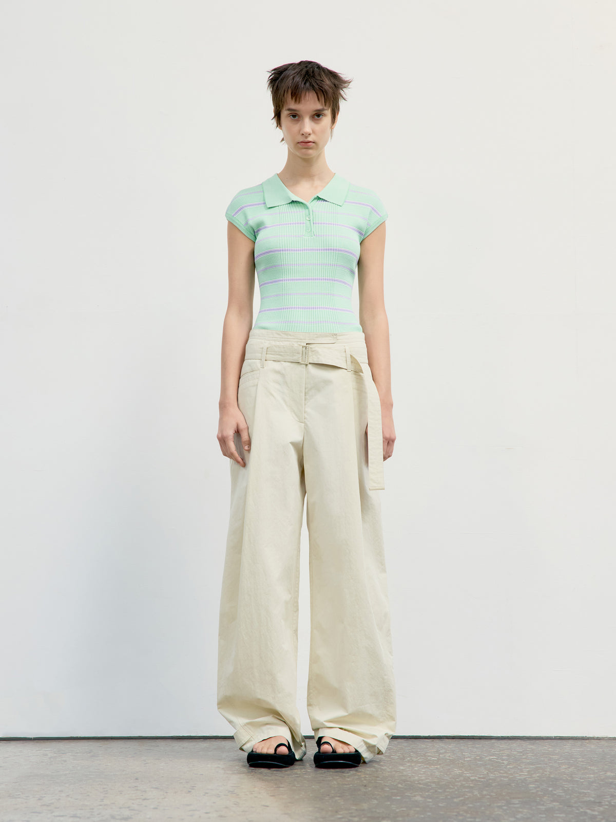 Low Classic Stripe Pique Cap Sleeve Knit Top Green
