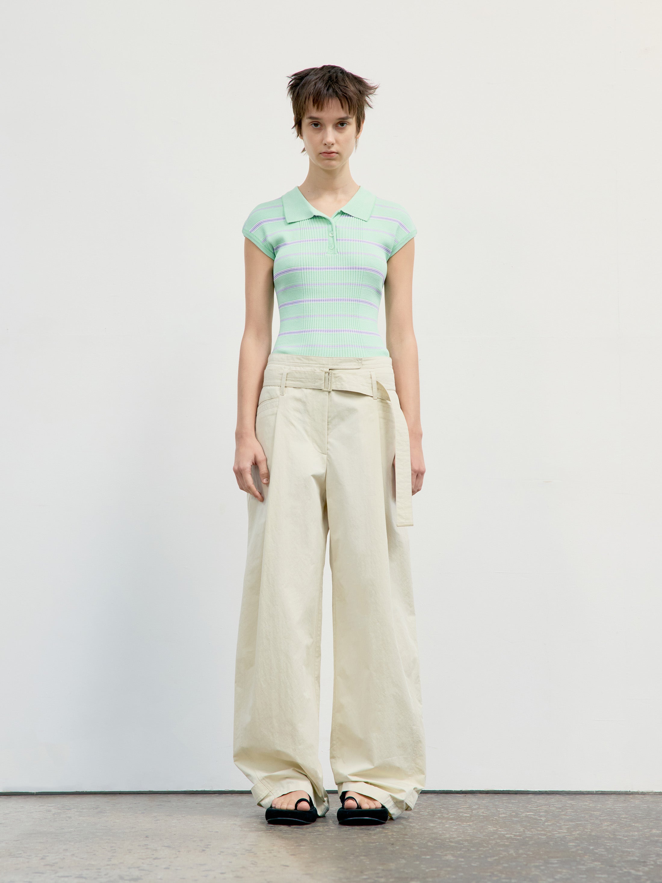 Low Classic Stripe Pique Cap Sleeve Knit Top Green