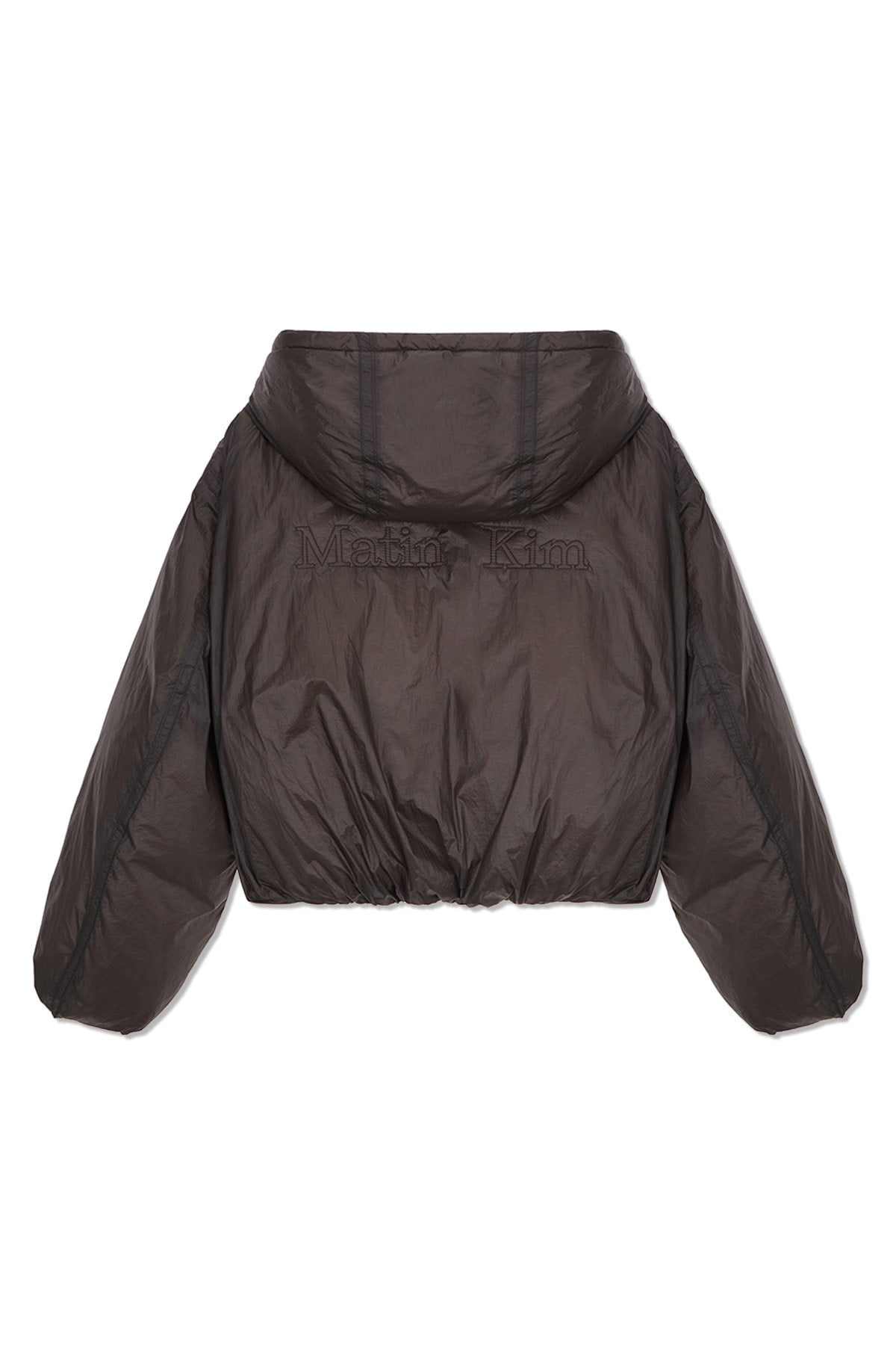 [matinkim] BACK LOGO HOODY SHORT DOWN JUMPER IN CHARCOAL