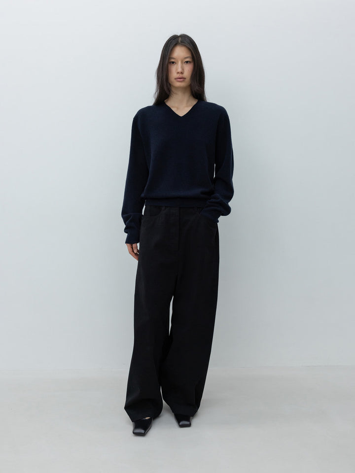Low Classic Cashmere Blend Wholegarment V-Neck Knit Navy