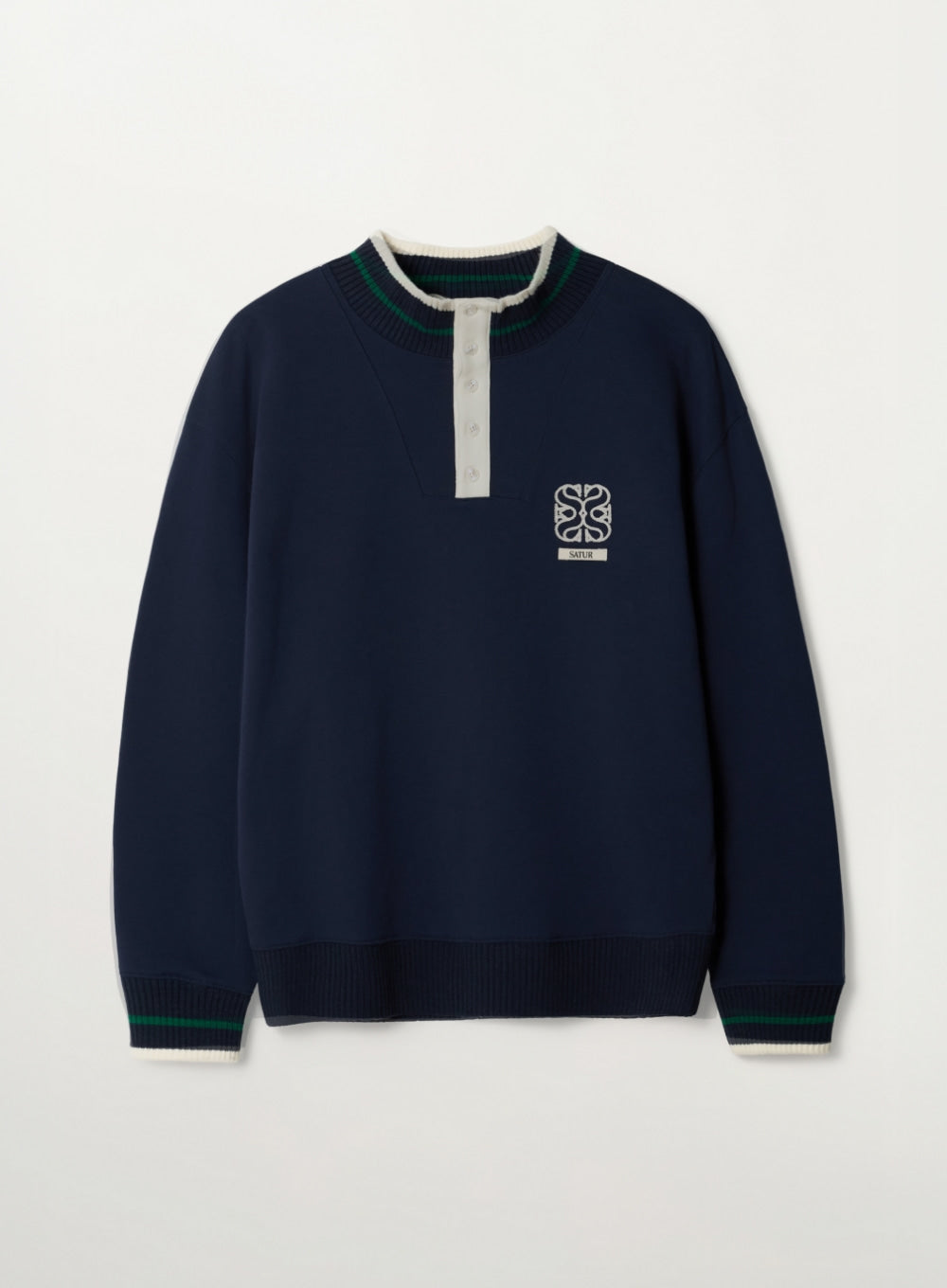 [SATUR] Rib Point Open Collar Sweatshirt - Navy
