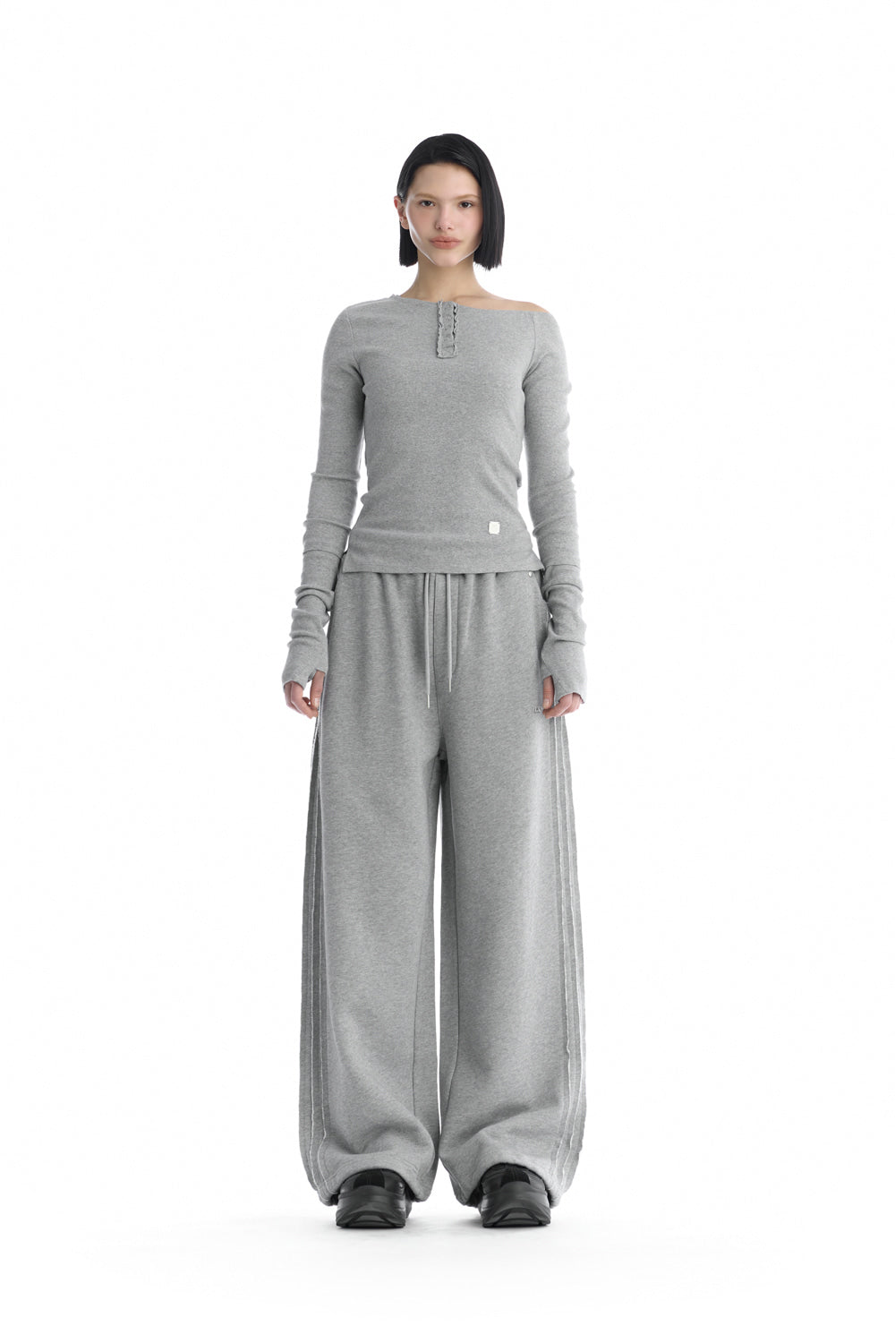 Treemingbird One-Shoulder Henley Neck Long Sleeve Melange Gray