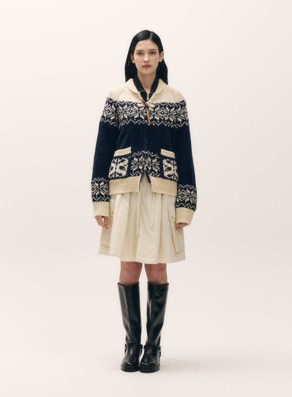 [satur] (W) Cowichan Knit Zip-up Cardigan - Navy