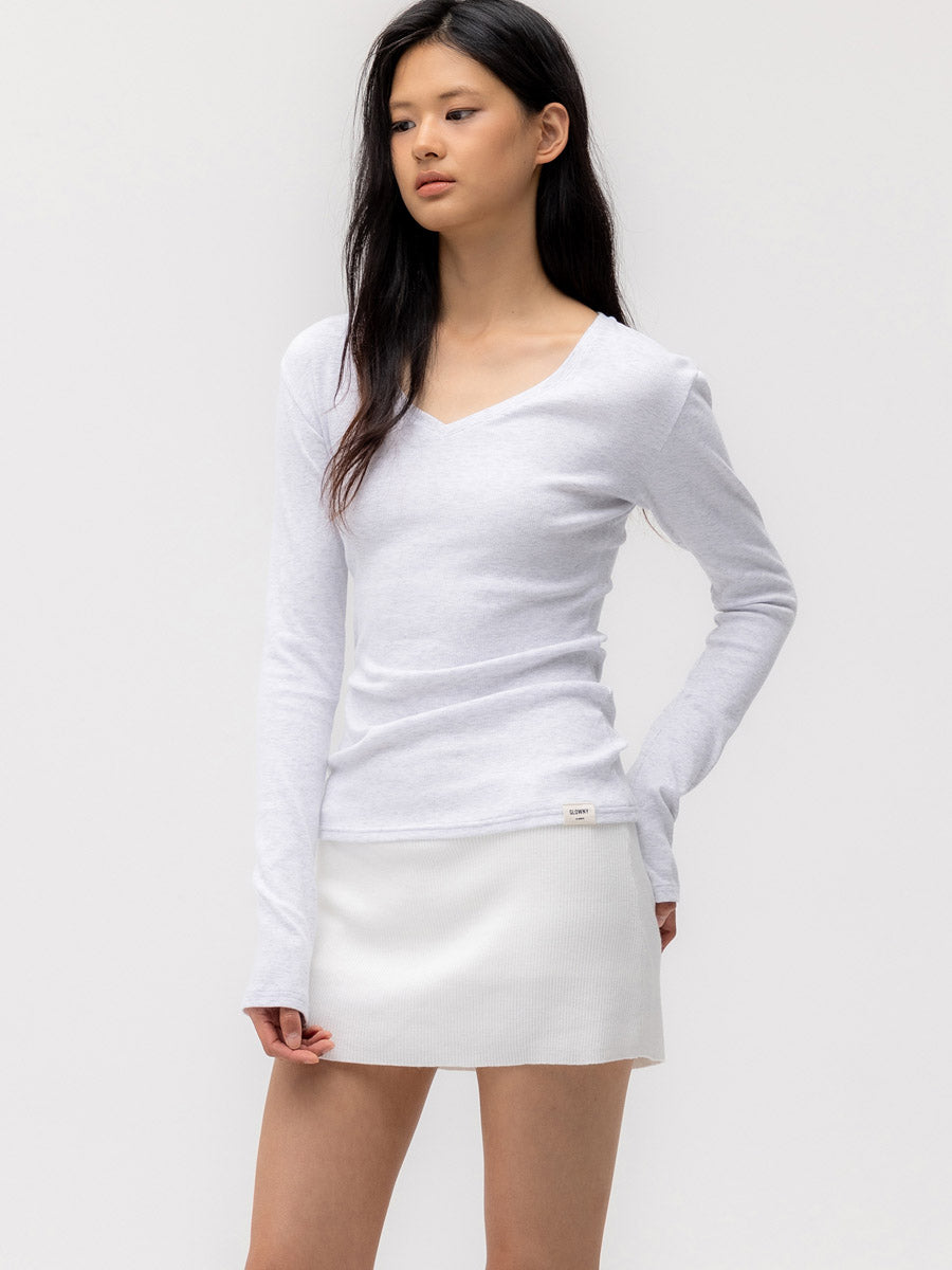 GLOWNY G Classic V-Neck Rib Long Sleeve (Melange Gray)
