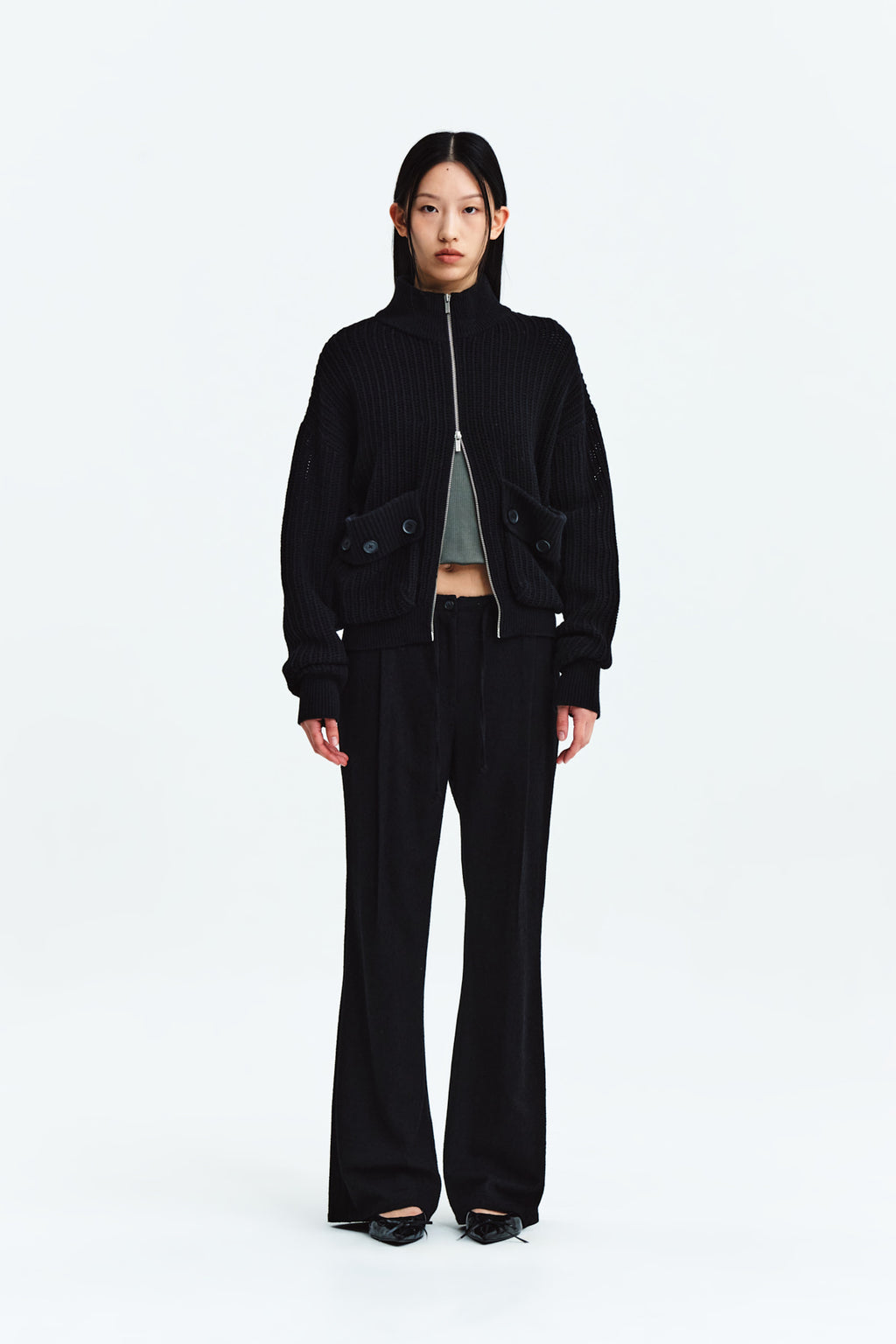 [matinkim] WAIST BUTTON POINT STRING SLIM PANTS IN BLACK