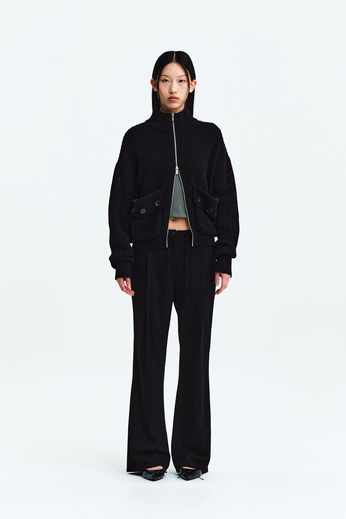 [matinkim] WAIST BUTTON POINT STRING SLIM PANTS IN BLACK