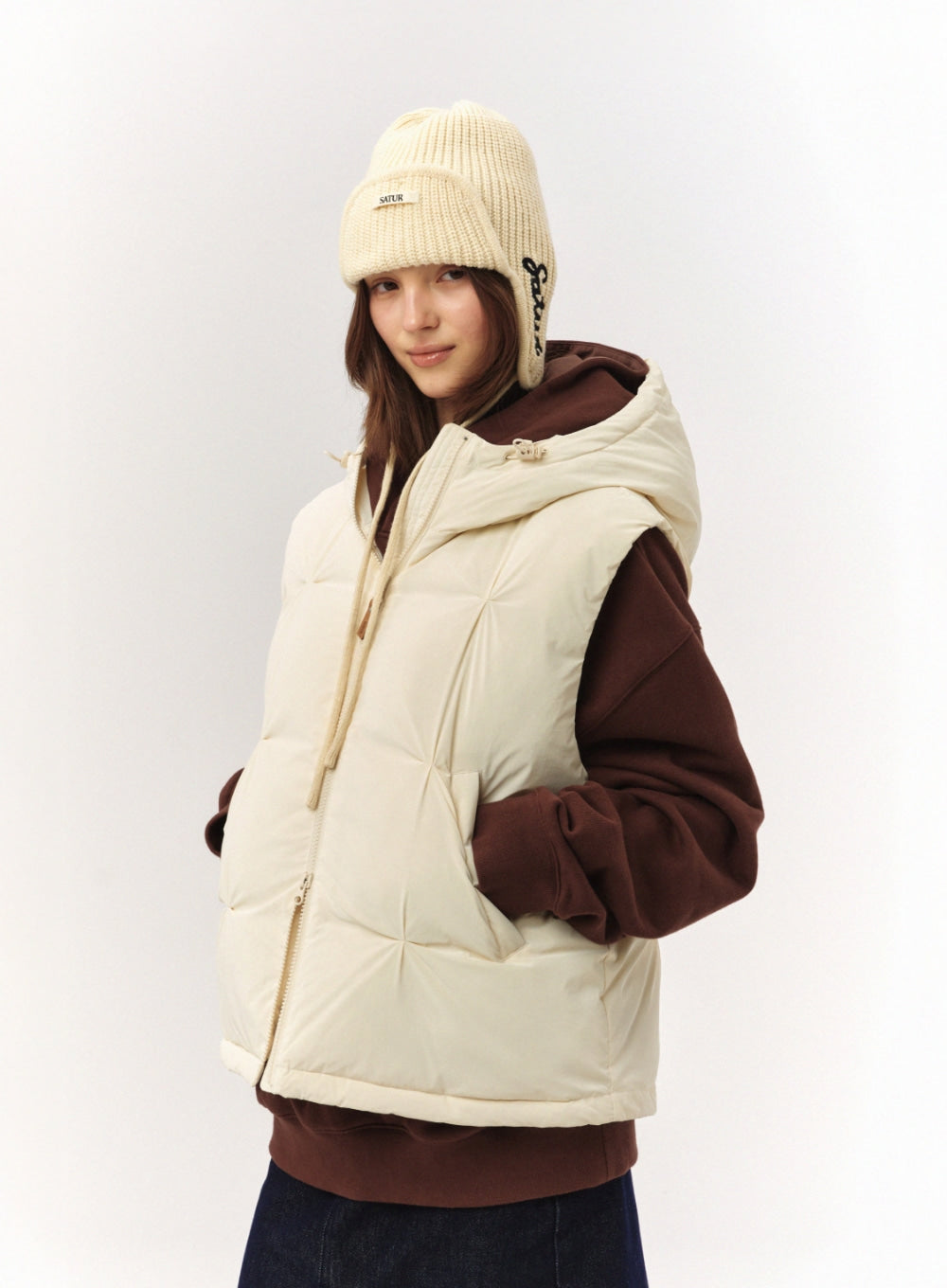 [satur] (W) Orta Hood Padding Vest - Cream