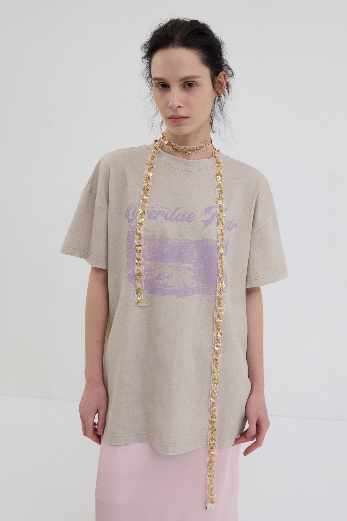 Overdueflair New Vintage Printing T-Shirt Glitter Beige