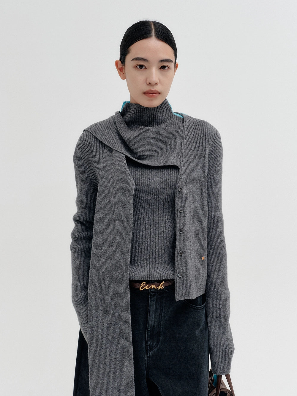 EENK Scarf Layered Knitwear Cardigan - Gray