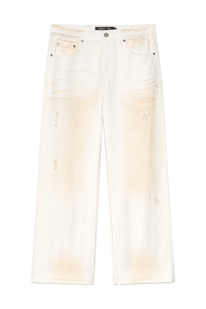 Matinkim Embo Washed Denim Pants For Men IN Ivory