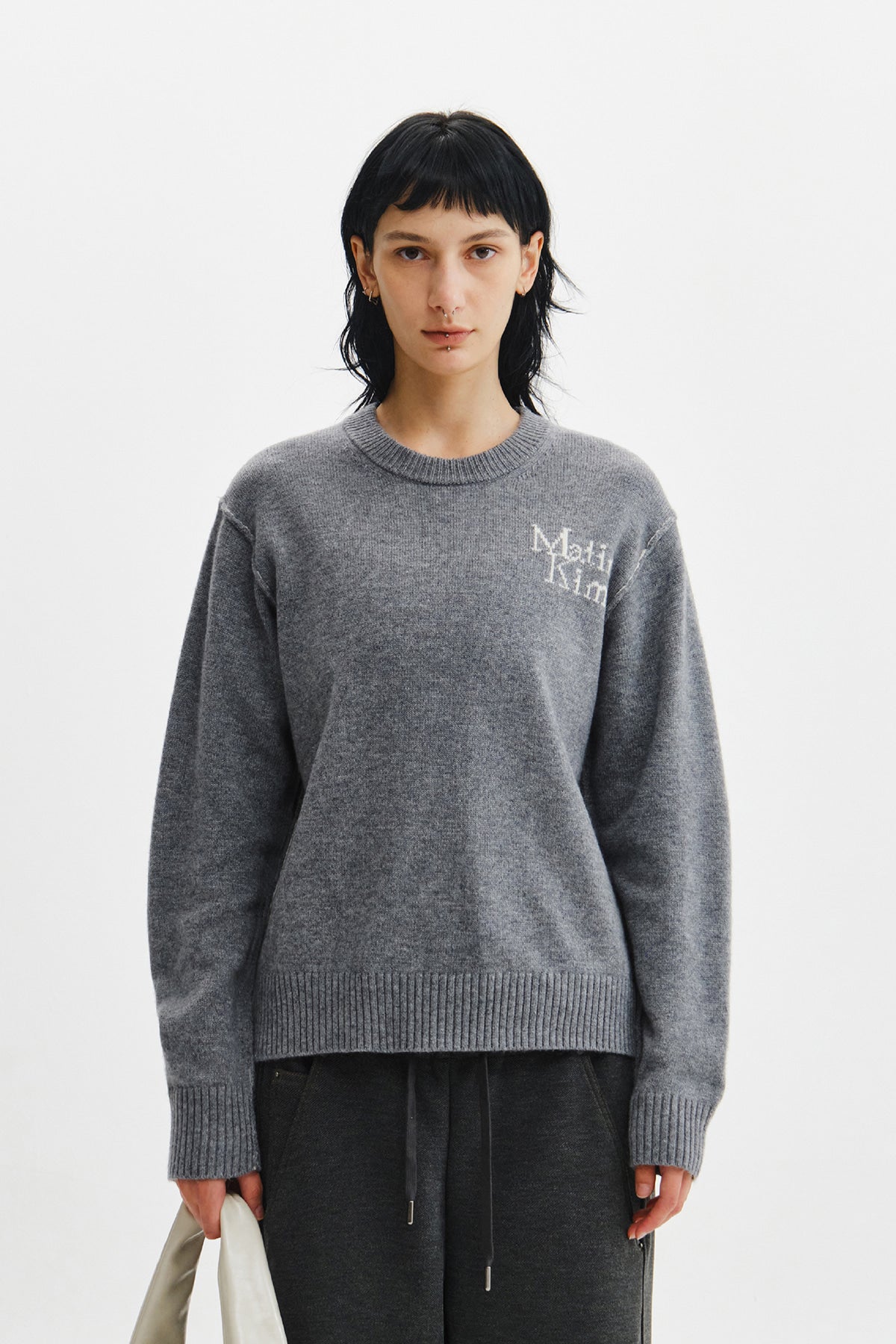 Matinkim Grid Logo Cashmere Blended Knit Pullover IN Grey