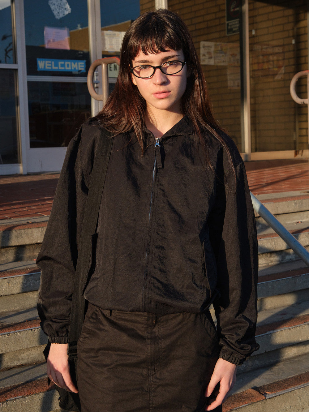 Low Classic Nylon Hooded Zip-Up Jacket Black