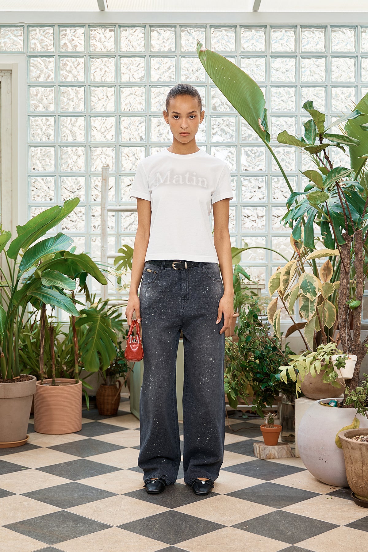 [matinkim] BACK LINE POINT SOFT SHINY DENIM PANTS IN NAVY
