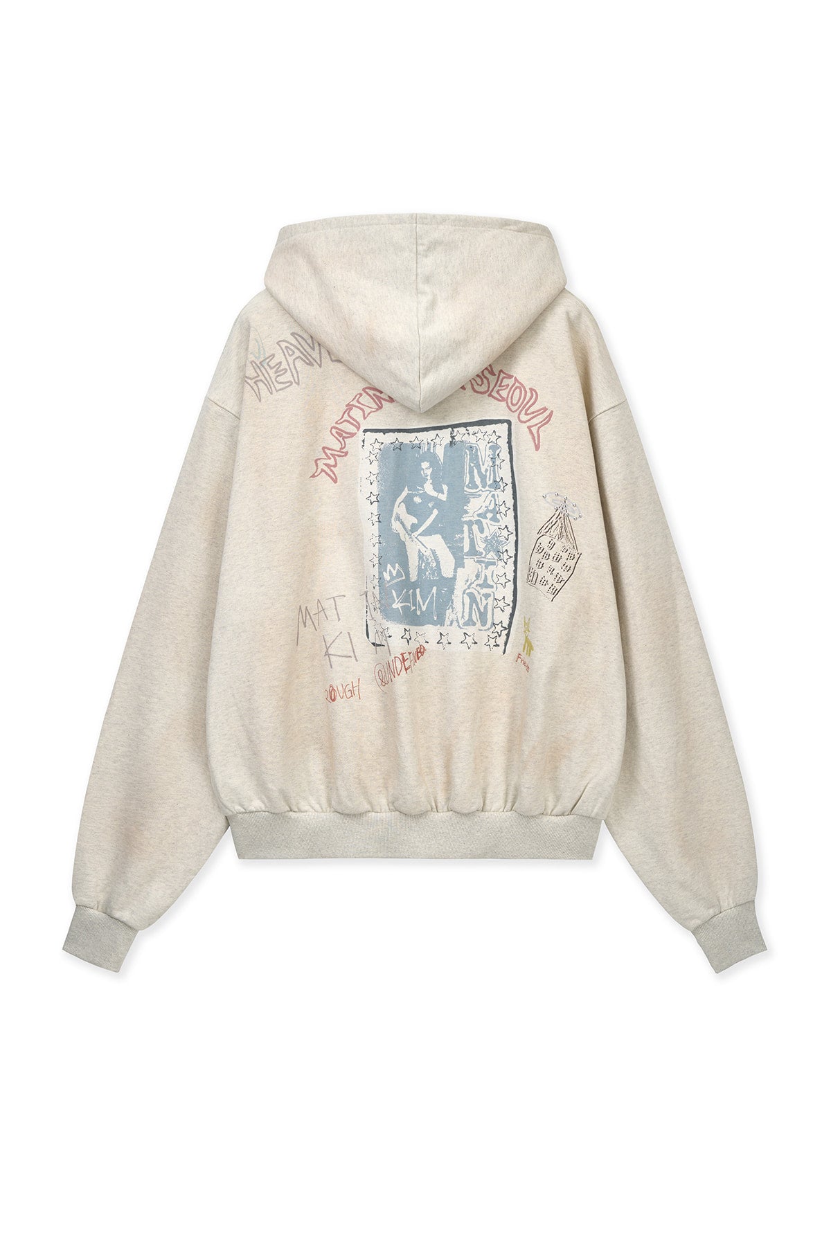 Matin Kim Vintage Washed Graffiti Hoodie Zip Up in Beige, premium Korean designer fashion