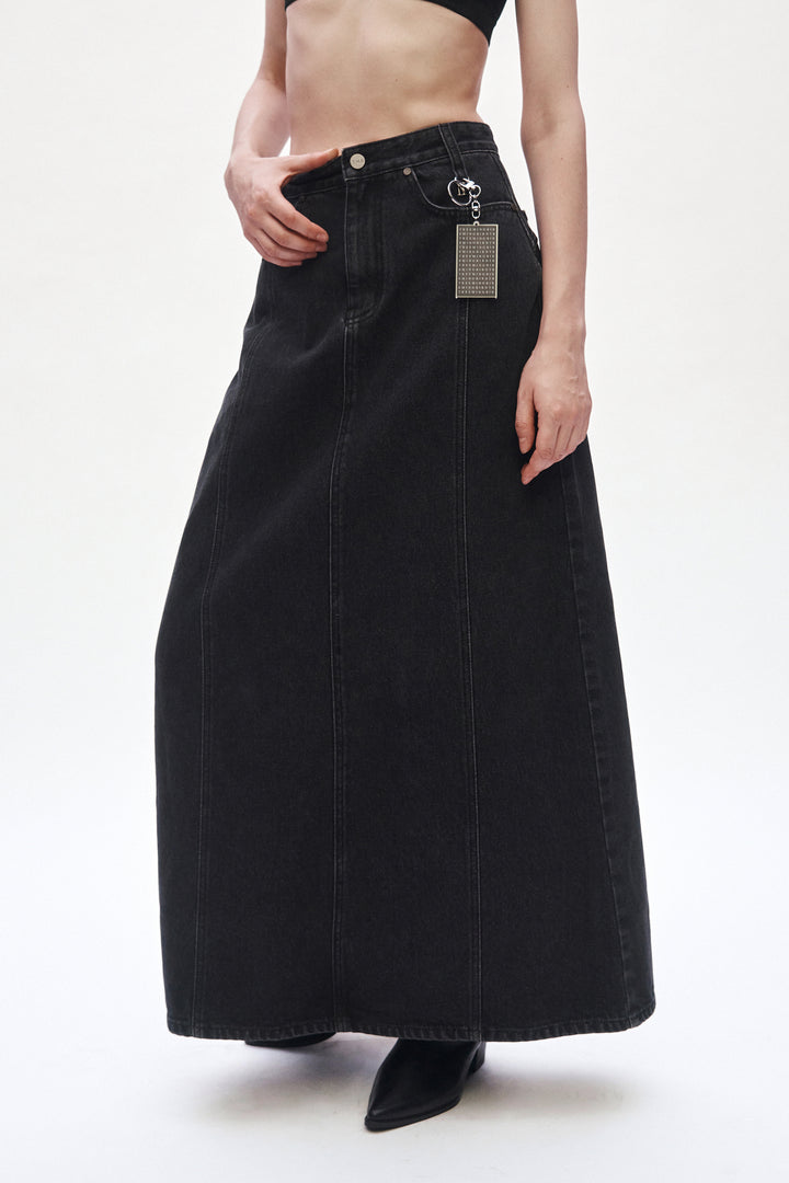 Treemingbird Incision Denim Set-up Skirt Black