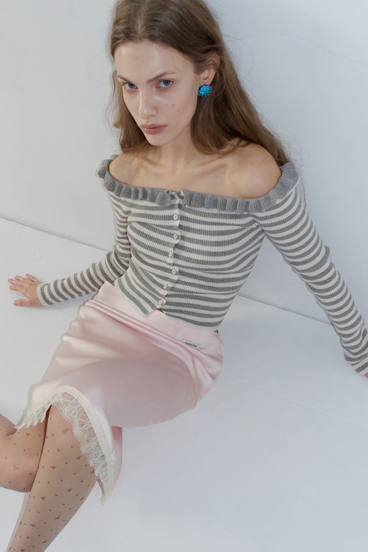 Overdueflair Off-Shoulder Frilled Stripe Cardigan Cream/Grey