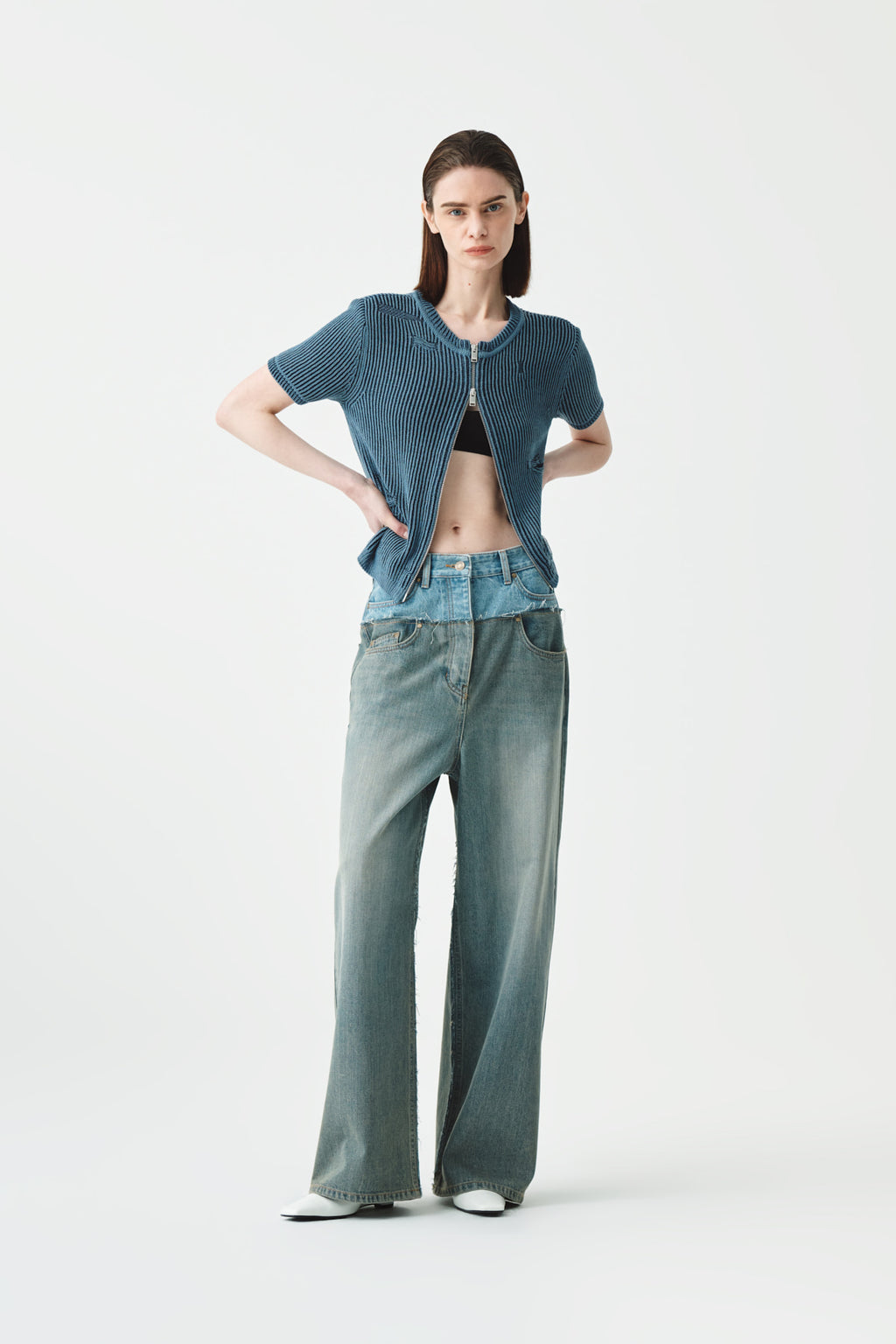 Matinkim Matin Kim Two Tone Deconstruct Denim Baggy Pants IN Blue