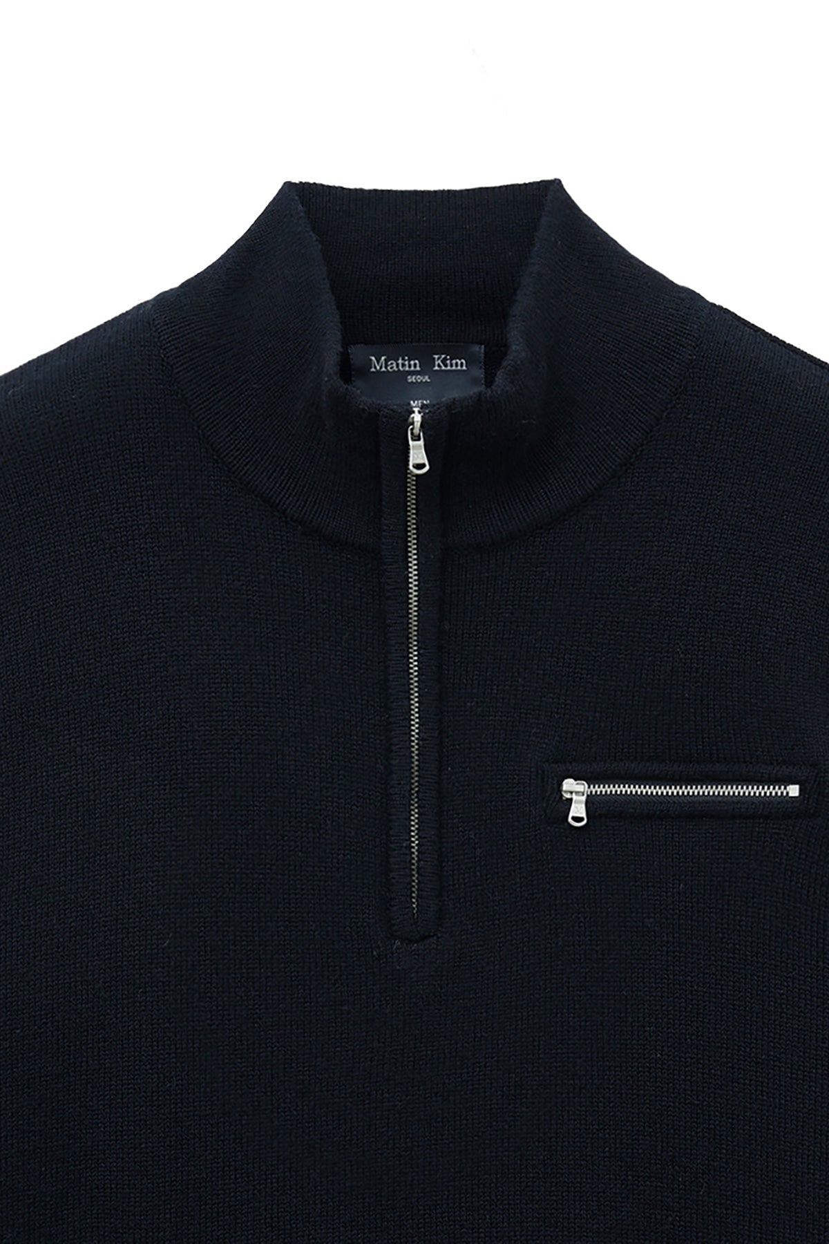 [matinkim] BACK LOGO HALF KNIT ZIP UP PULLOVER FOR MEN IN NAVY