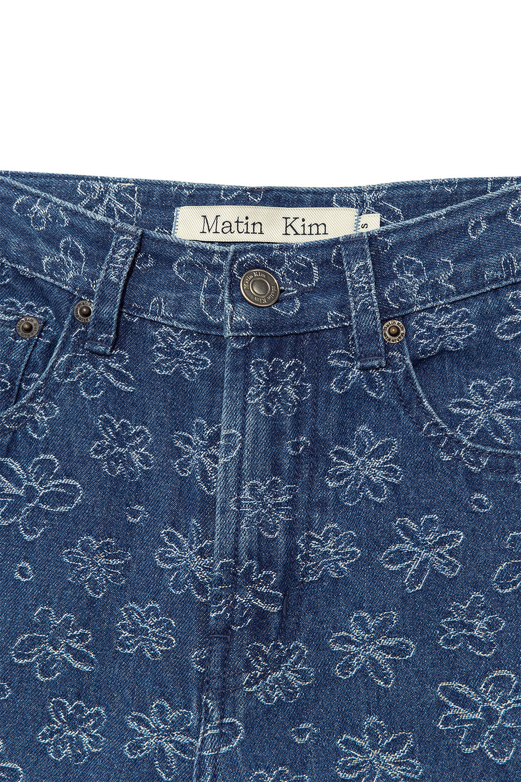 [matinkim] Flower Pattern Flare Denim Pants IN Blue