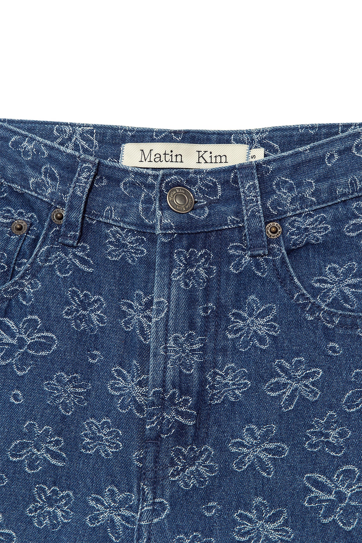 [matinkim] Flower Pattern Flare Denim Pants IN Blue