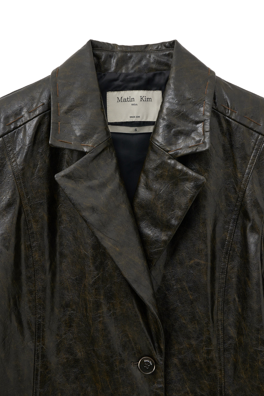 [matinkim] FAUX LEATHER HALF DOUBLE JACKET IN DARK BROWN