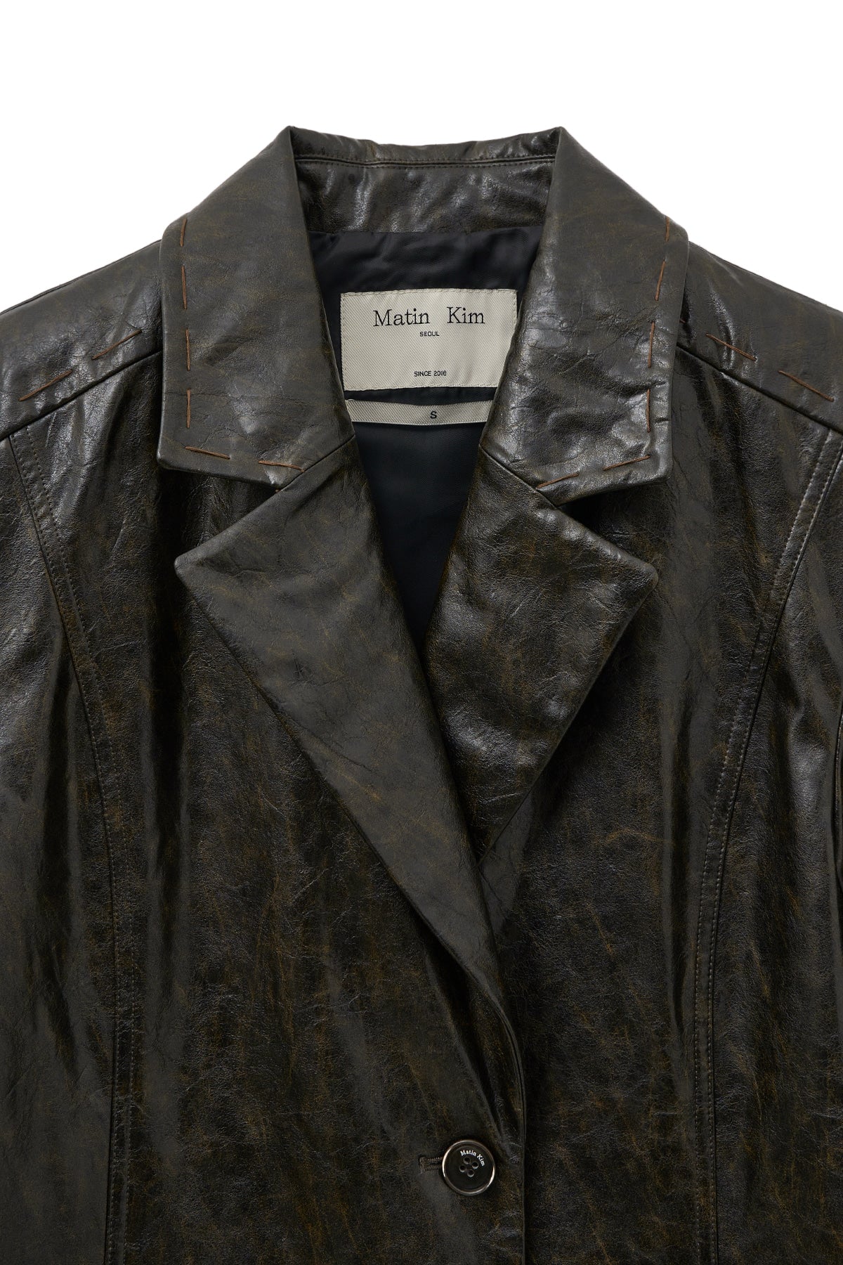 [matinkim] FAUX LEATHER HALF DOUBLE JACKET IN DARK BROWN