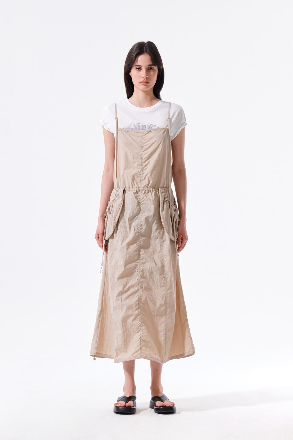 [matinkim] Strap Detail Sleeveless Utility Dress IN Beige