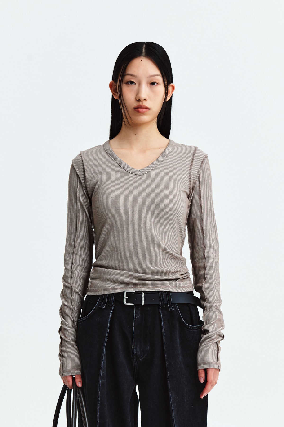 Matinkim Stitch V Neck Slim Long Sleeve IN Brown