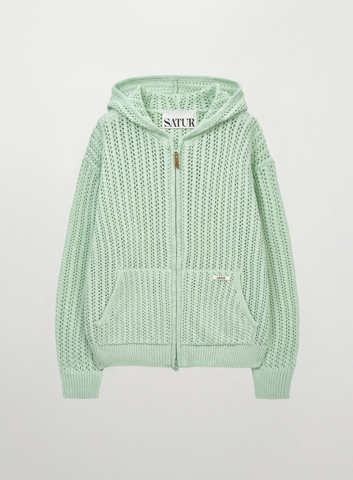 Satur Crochet Knit Hood Zip-up - Green