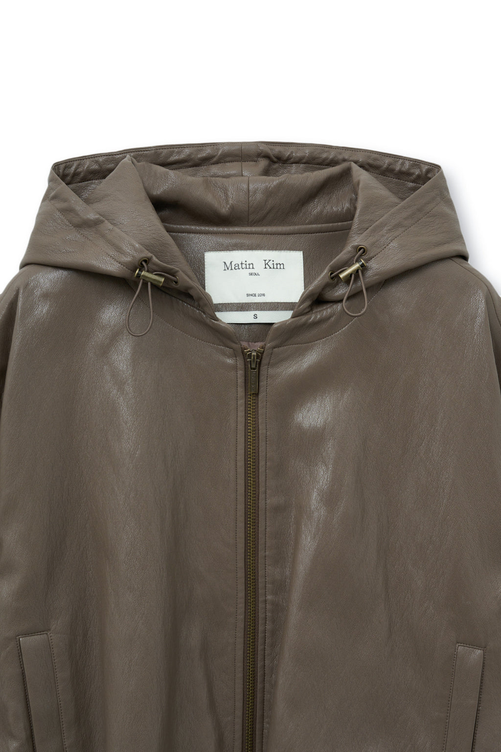 [matinkim] Faux Leather Hoody Crop Jumper IN Brown