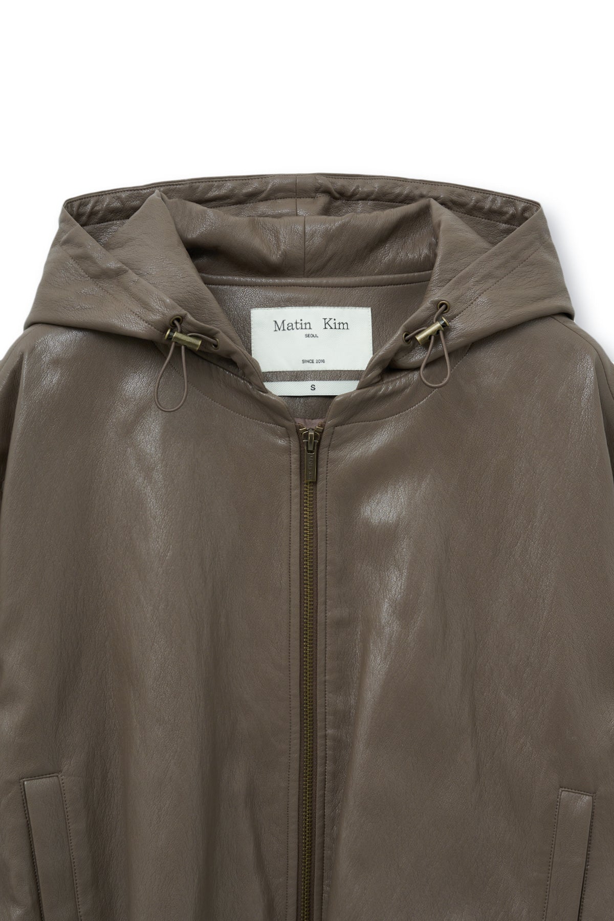 [matinkim] Faux Leather Hoody Crop Jumper IN Brown