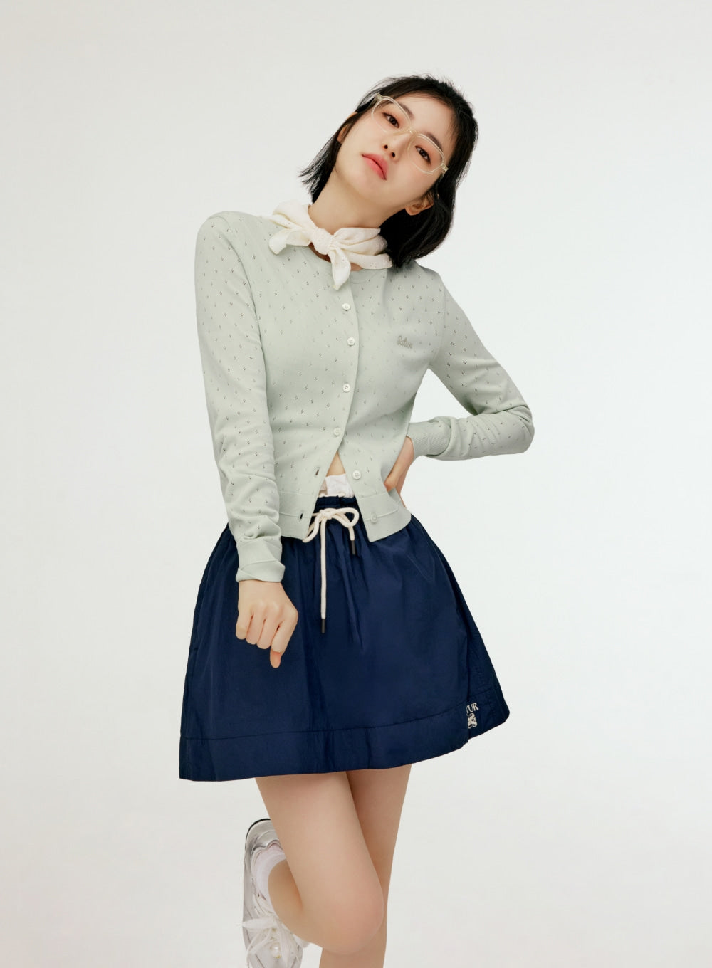 Satur Logo String Nylon Flare Skirt - Navy