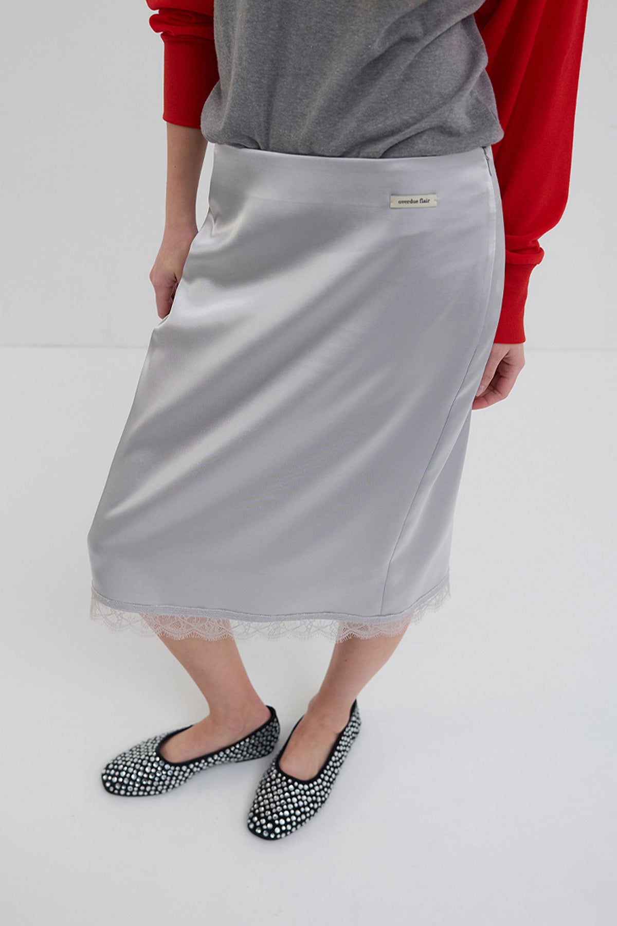 Overdueflair Lace Satin Midi Skirt Silver