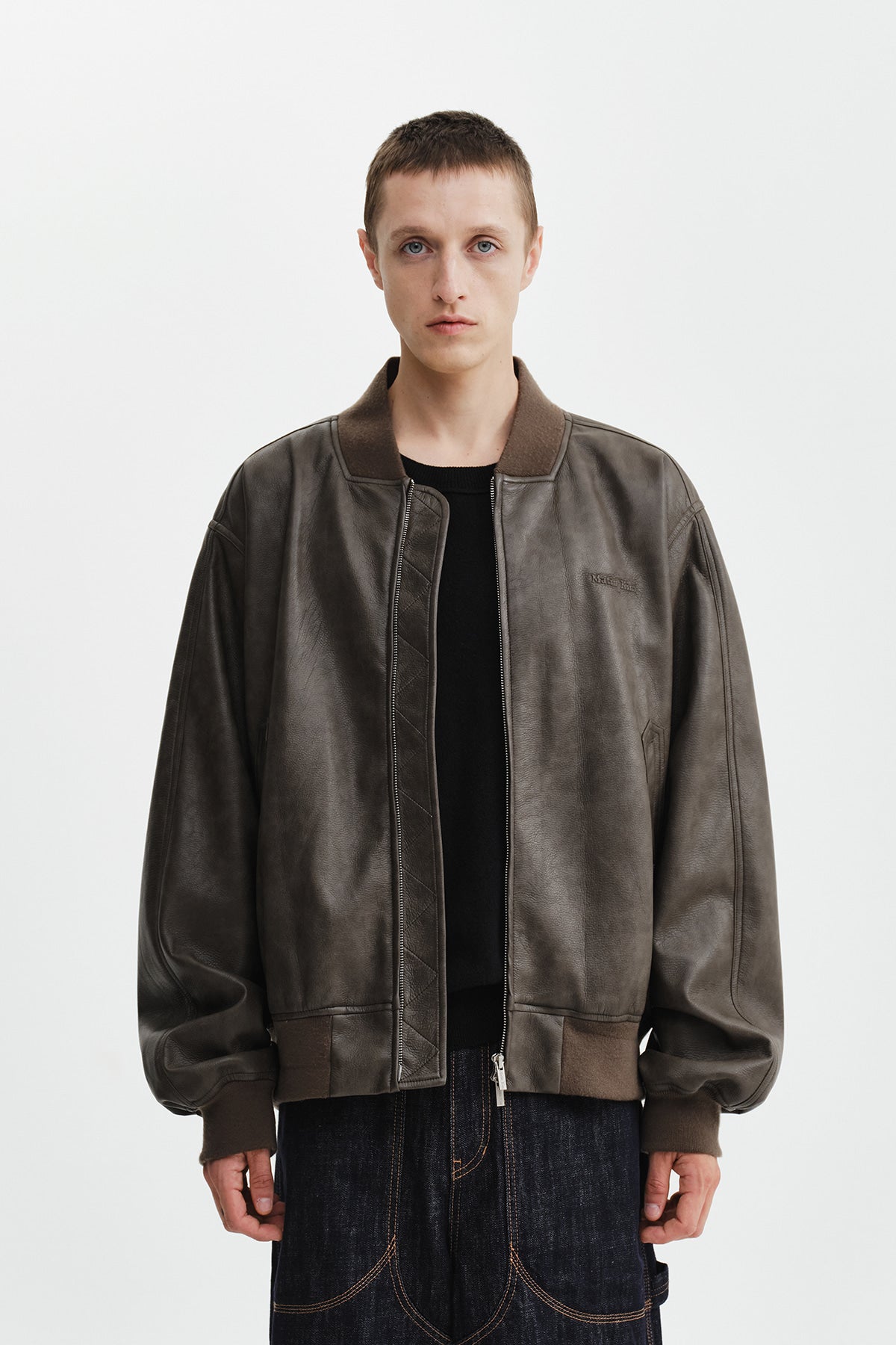 Matinkim Faux Leather Rib Collar Blouson For Men IN Brown