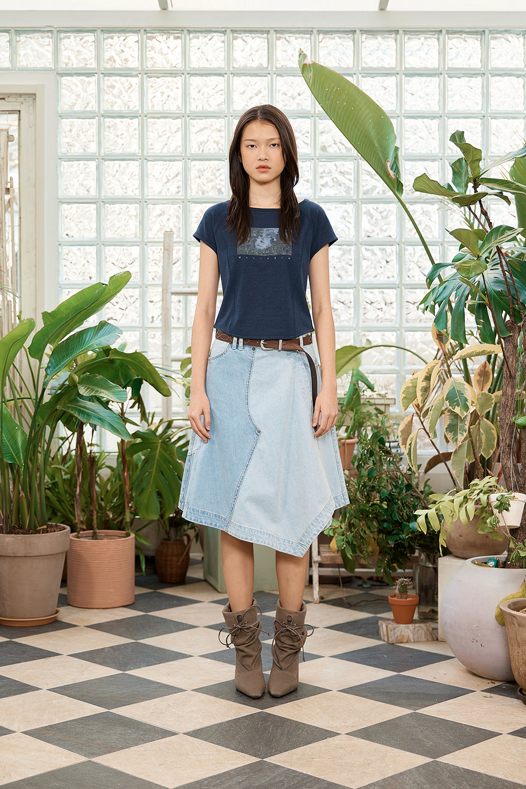 [matinkim] DENIM MIXED FLARE SKIRT IN LIGHT BLUE