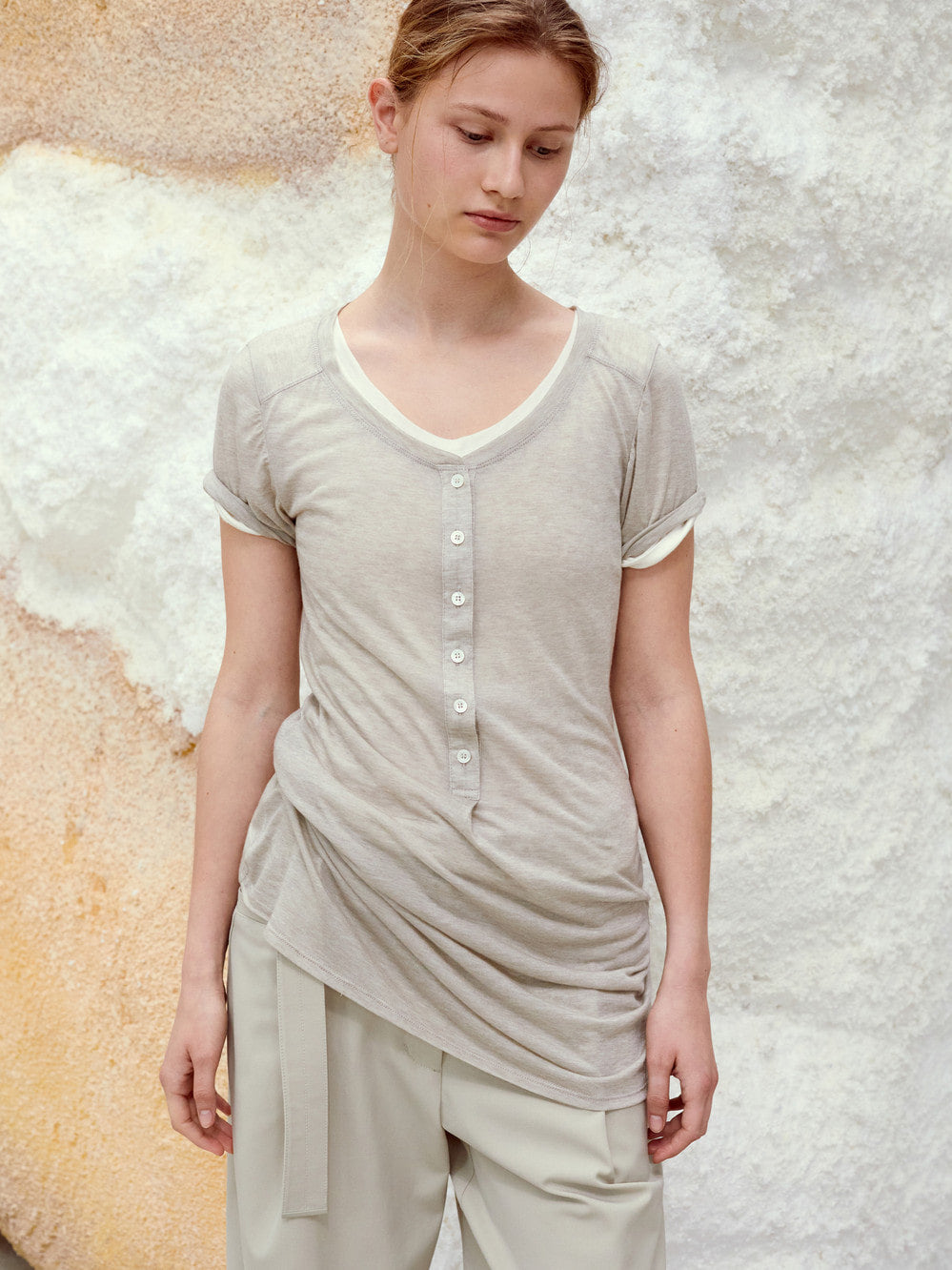 Low Classic Button-Up Jersey Long T-Shirt Oatmeal