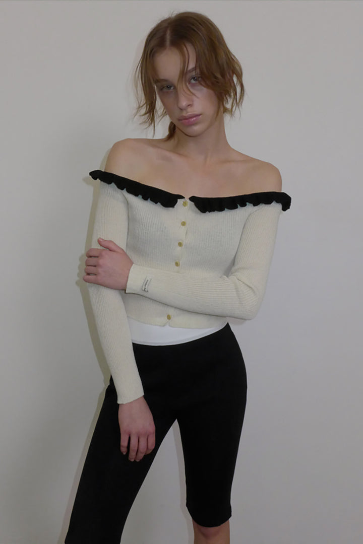 Overdueflair Off-Shoulder Frilled Cardigan Oatmeal