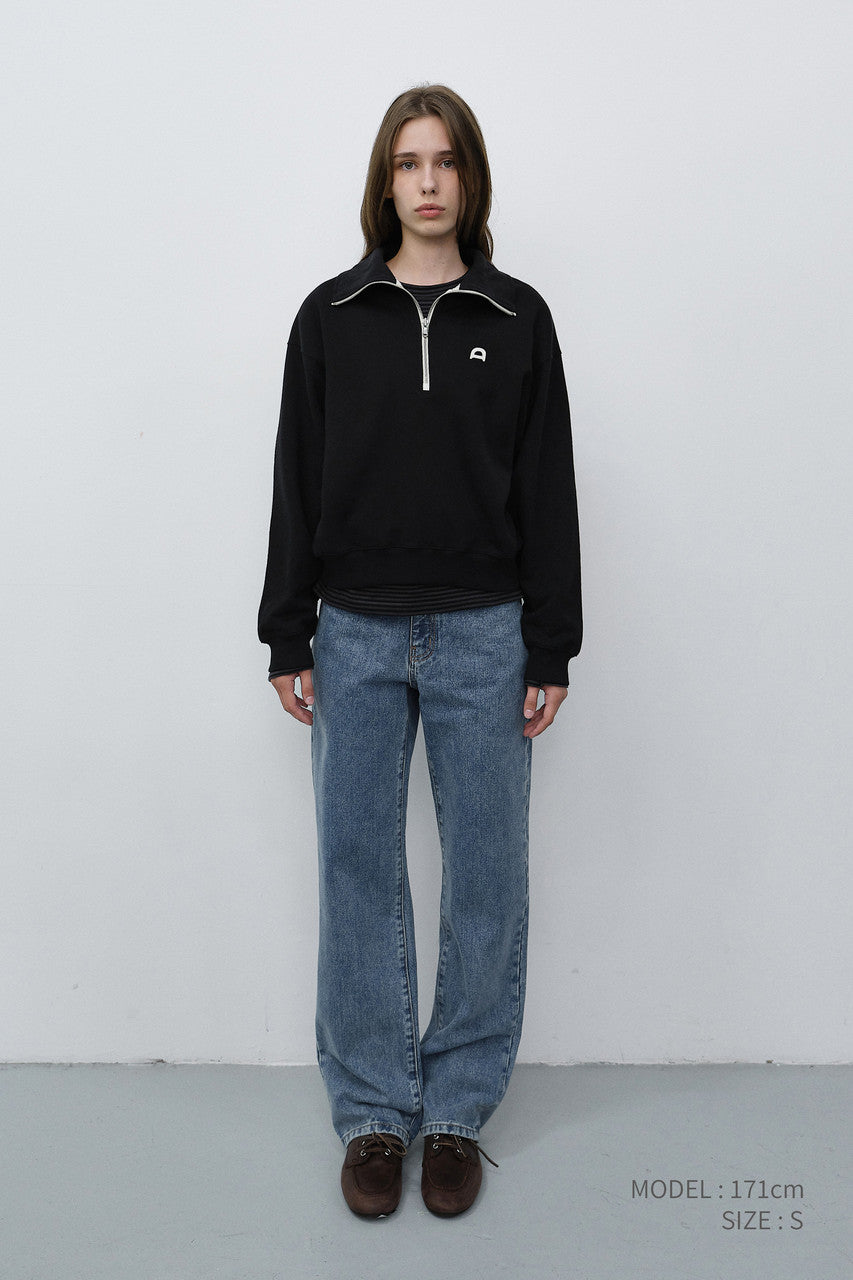 Dunst Unisex Leather Logo Half Zip-Up Sweatshirt Black