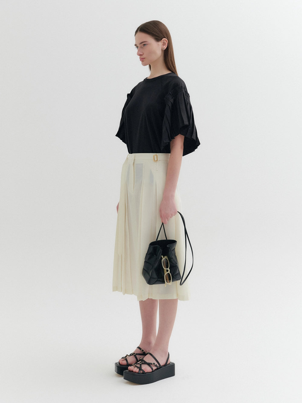 EENK Belted Pleated Midi Skirt - Ivory