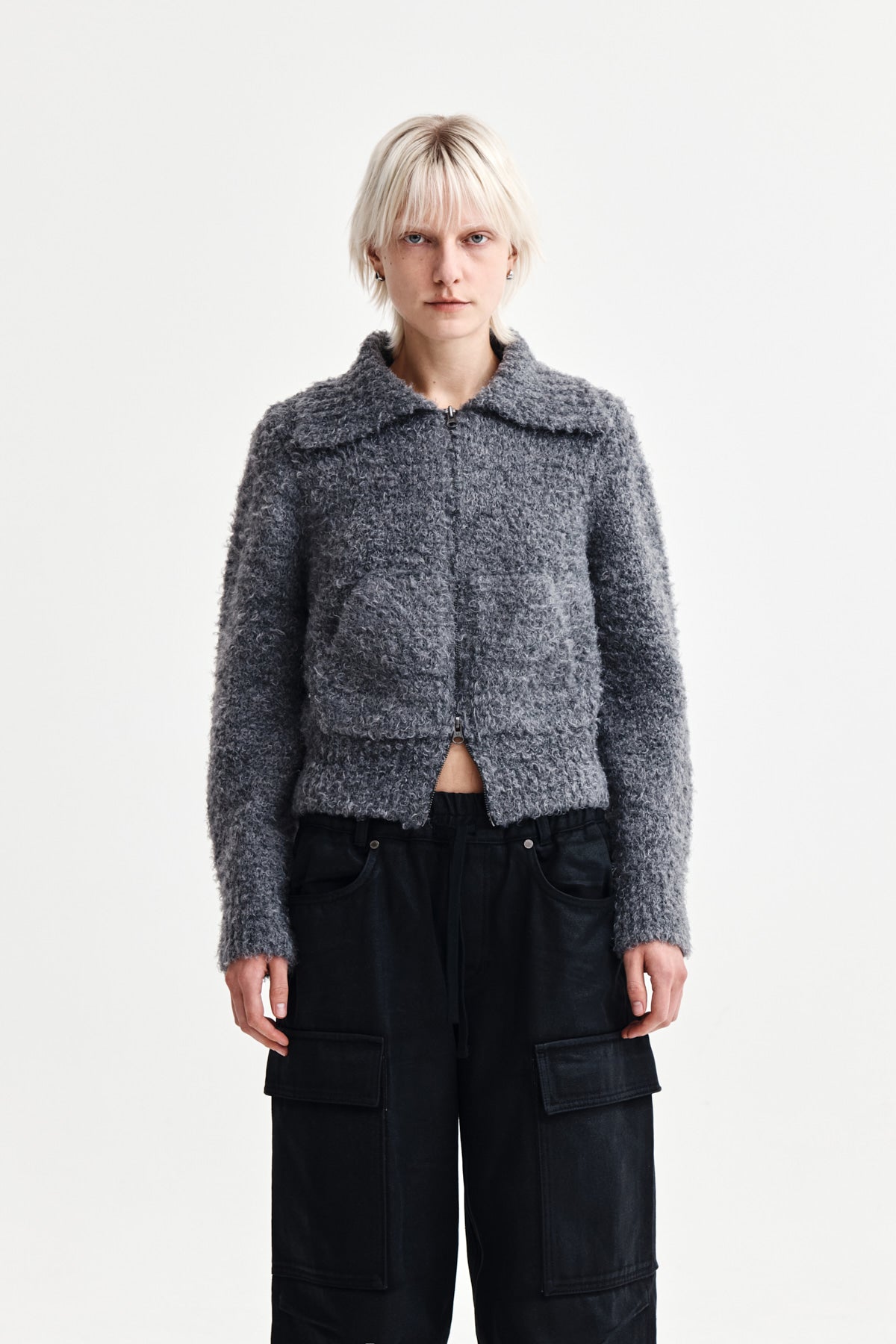 [matinkim] BOUCLE KNIT ZIP UP CARDIGAN IN CHARCOAL